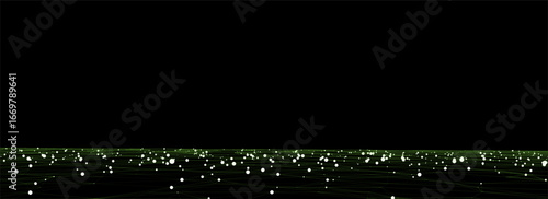 Technology vector perspective grid background. Digital space wireframe landscape. Dark cyberspace with green motion dots and lines. Futuristic digital mesh background. Big data analytics.
