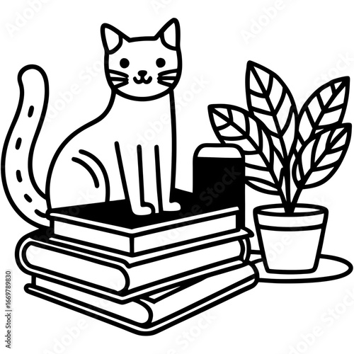 A cartoon vector illustration of a black cat and a white mouse, a black cat and a white cat, and a black and white cat silhouette