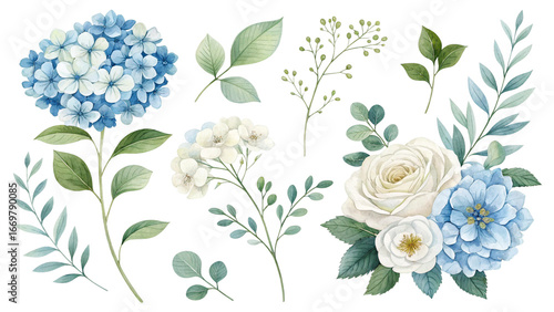 Watercolor floral elements in blue and white with leaves