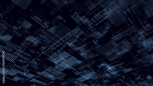 Vector digital database cyberspace. Decoding algorithms hacked software. Cyber security with moving blue articles. Big data visualization.