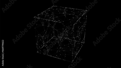 Vector futuristic space , black cube. Network connection structure cyberspace with moving particles in closed room. Big data visualization. Abstract cyber security background.