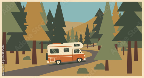 An orange and white RV winds through a forest of tall, stylized trees under a clear blue sky, evoking a sense of adventure and the open road.