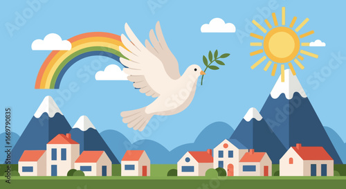 Peaceful dove with olive branch flies over a vibrant village under a sunny sky and rainbow