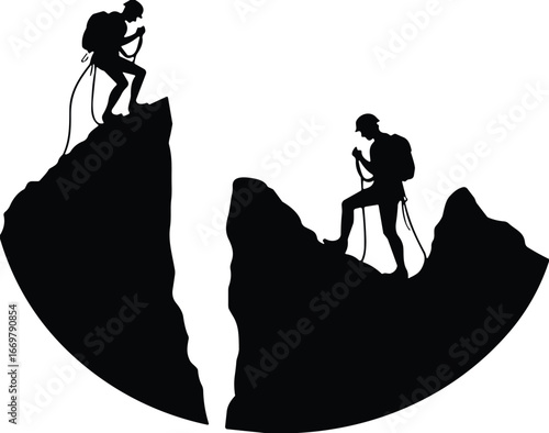 Silhouette, mountain, climbers, adventure, peak, backpack, rope, gear, hiking, extreme, sport, challenge, danger, outdoor, nature, isolation, perseverance, teamwork, exploration, ascent