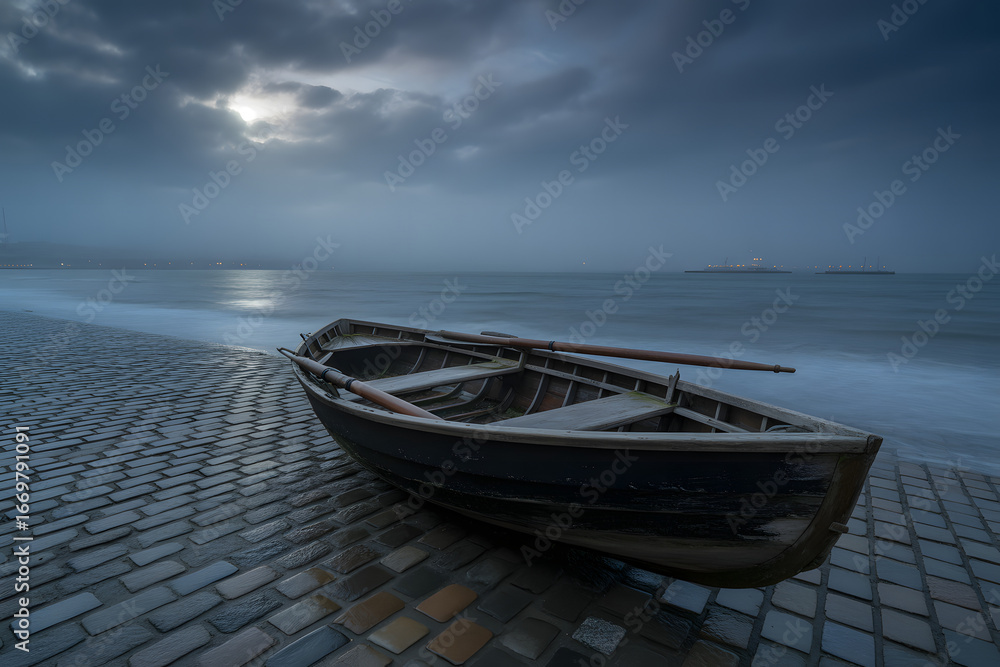 Naklejka premium Rowboat on a cobblestone beach under a cloudy sky wooden boat