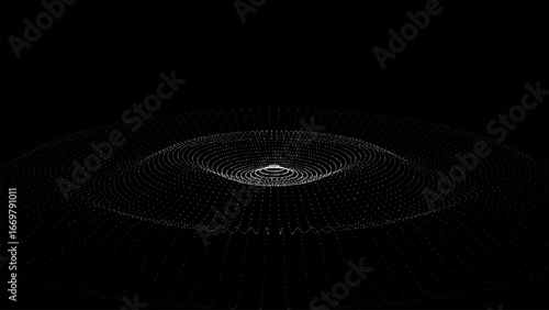 Abstract music sound wave with dots and lines. Dark cyberspace with moving particles. Vector futuristic black circle wave with digital database. Big data analytics.