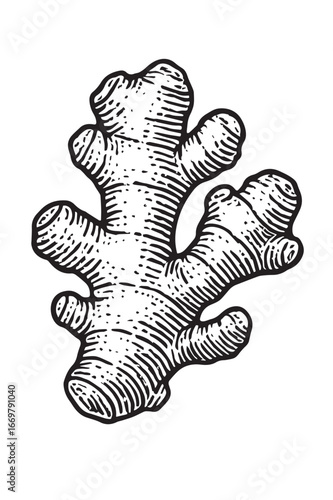Botanical Engraving of Ginger Root linocut woodcut engraving black and white vegetable illustration