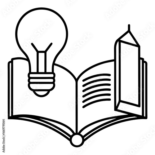 A creative concept with a glowing light bulb resting on an open book, symbolizing new ideas and knowledge