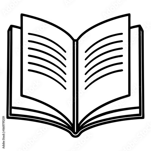 An antique, open book with blank pages lays isolated on a white background