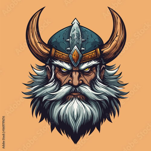  Man with Horned Viking Helmet Illustration | Nordic Warrior Dark Art Vector