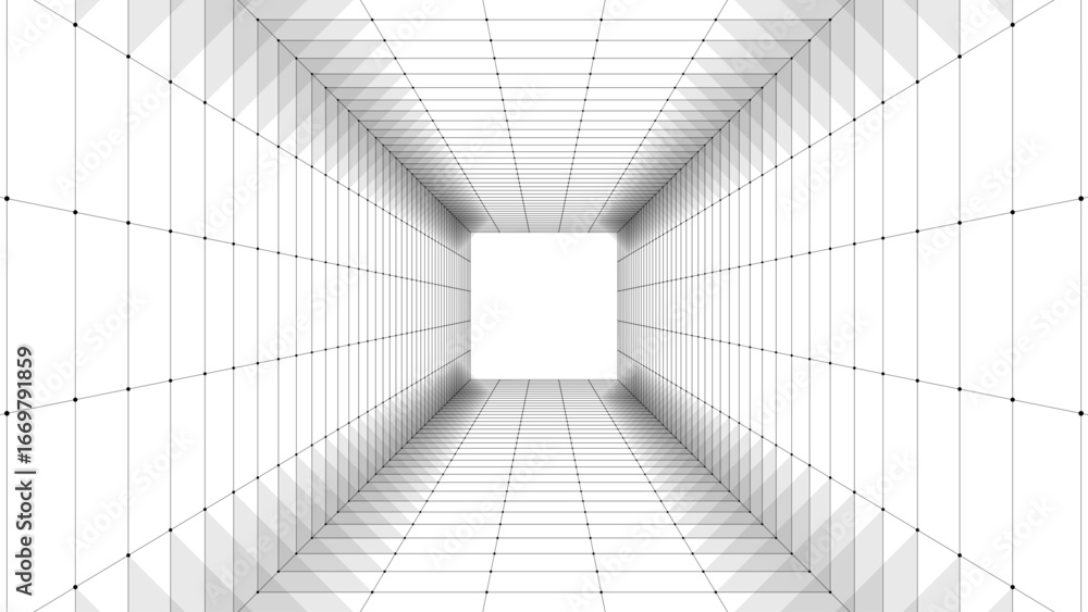 Fototapeta premium Abstract sci-fi white tunnel. Wormhole absorbs cyberspace. 3D portal. Vector futuristic fantasy high-tech funnel.