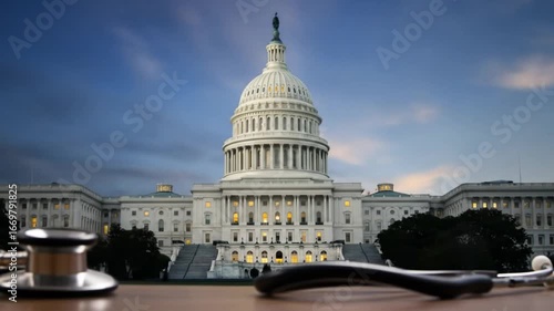 A stethoscope in front of the united states capitol building at dusk representing healthcare policy