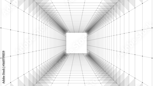 Abstract sci-fi white tunnel. Wormhole absorbs cyberspace. 3D portal. Vector futuristic fantasy high-tech funnel.