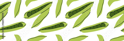 Seamless pea pod pattern, great for food packaging, healthy eating, or kitchen designs.