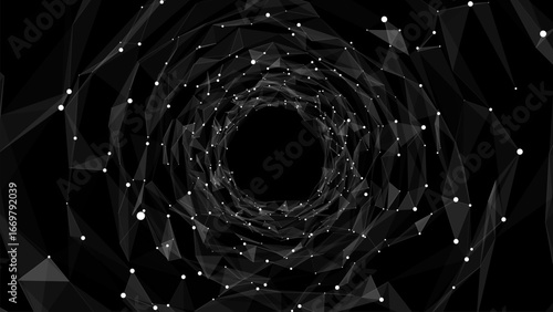 Abstract sci-fi black tunnel. Wormhole absorbs cyberspace. 3D portal. Vector futuristic fantasy high-tech funnel.