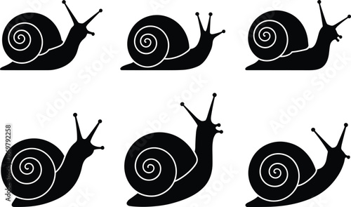 Snail silhouette set, spiral shell, black icon, stylized snail, animal illustration, isolated graphic, nature symbol, gastropod, vector design