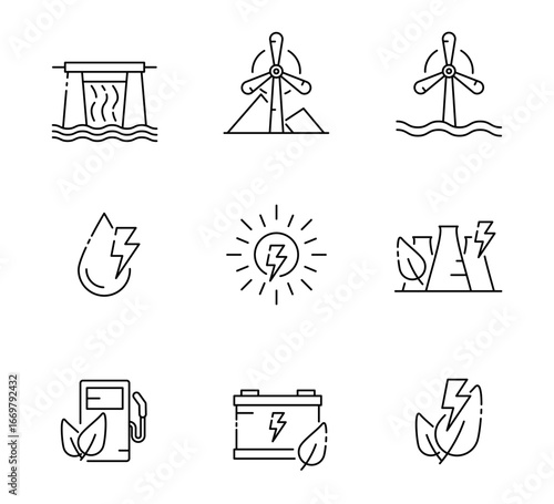 Set of Renewable energy icon, Green energy or Green electricity, Dams, wind turbines, nuclear power Symbol Outline icon, Editable Stroke