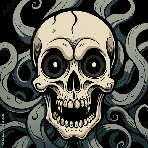 Horror cranium vector design, black and white pirate skull and crossbones symbol for a scary Halloween tattoo