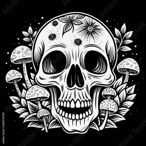 Spooky human skull and bones vector illustration on a black background