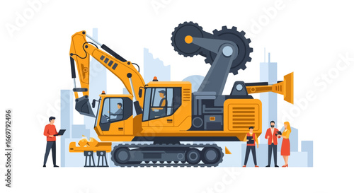 Construction team inspecting excavator at a project site with urban city skyline in background