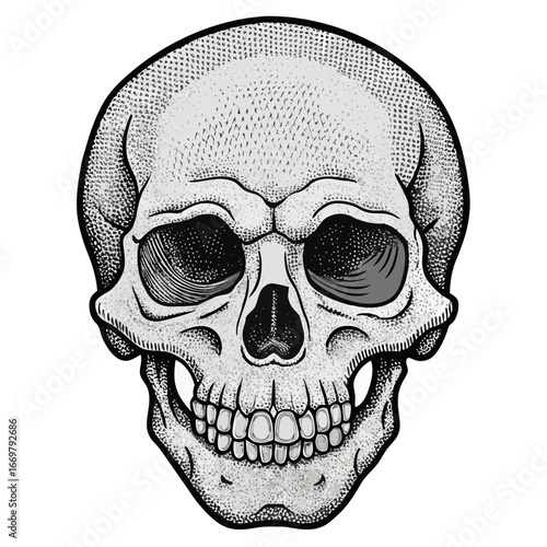 Vector illustration of a human skull on a black background, a symbol of death and horror perfect for Halloween or tattoo designs