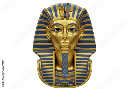 Isolated Pharaoh's mask from ancient Egypt, a golden bust of King Tutankhamun statue