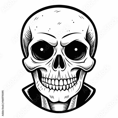 A vector illustration of a pirate skull and crossbones with a human skeleton head and exposed teeth for a tattoo design