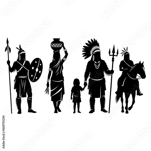 Tribal warrior silhouettes inspired by Native American culture with spears, shields, and traditional feather headdresses