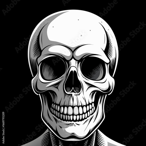 A creepy black cartoon human skull with a scary face and evil teeth symbolizes death, horror, and danger in a spooky illustration