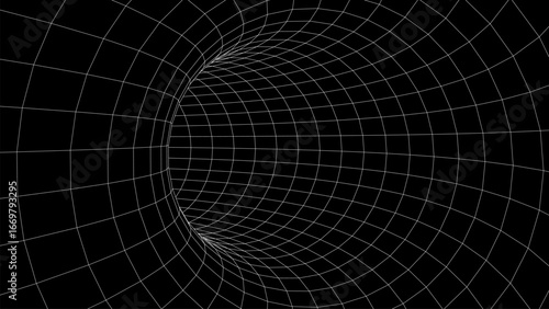 Abstract wireframe black tunnel. Vector wormhole. 3D portal. Futuristic fantasy funnel.