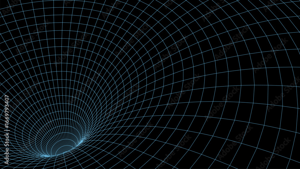 Naklejka premium Abstract wireframe blue tunnel. Vector wormhole. 3D portal. Futuristic fantasy funnel.