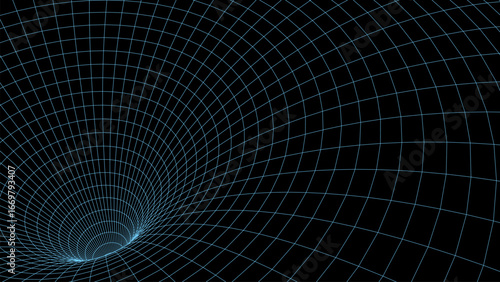 Abstract wireframe blue tunnel. Vector wormhole. 3D portal. Futuristic fantasy funnel.