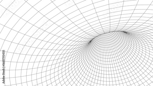 Abstract wireframe white tunnel. Vector wormhole. 3D portal. Futuristic fantasy funnel.