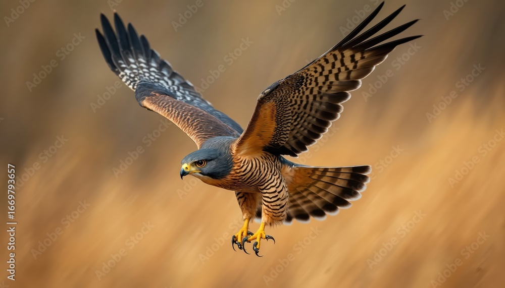 Fototapeta premium Peregrine falcon in flight against blurred background. Features detailed wings with feathers, sharp talons extended, intense gaze. Captures predatory focus, speed, natural power of bird of prey.