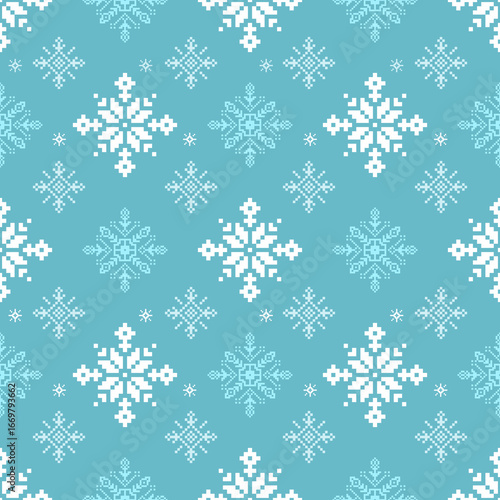 Seamless pixel art Christmas snowflake pattern on blue background, perfect for winter holiday decoration and textile design.