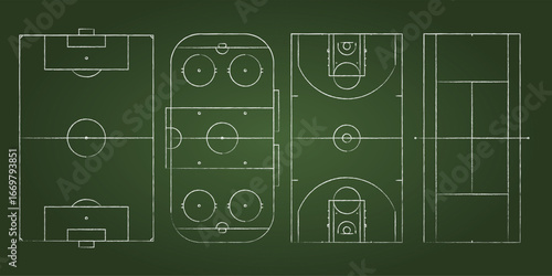 Set of 4 sport fields top view including football, tennis, hockey and basketball. Realistic stadium layouts with markings. Collection for match, coaching, strategy or training graphics.