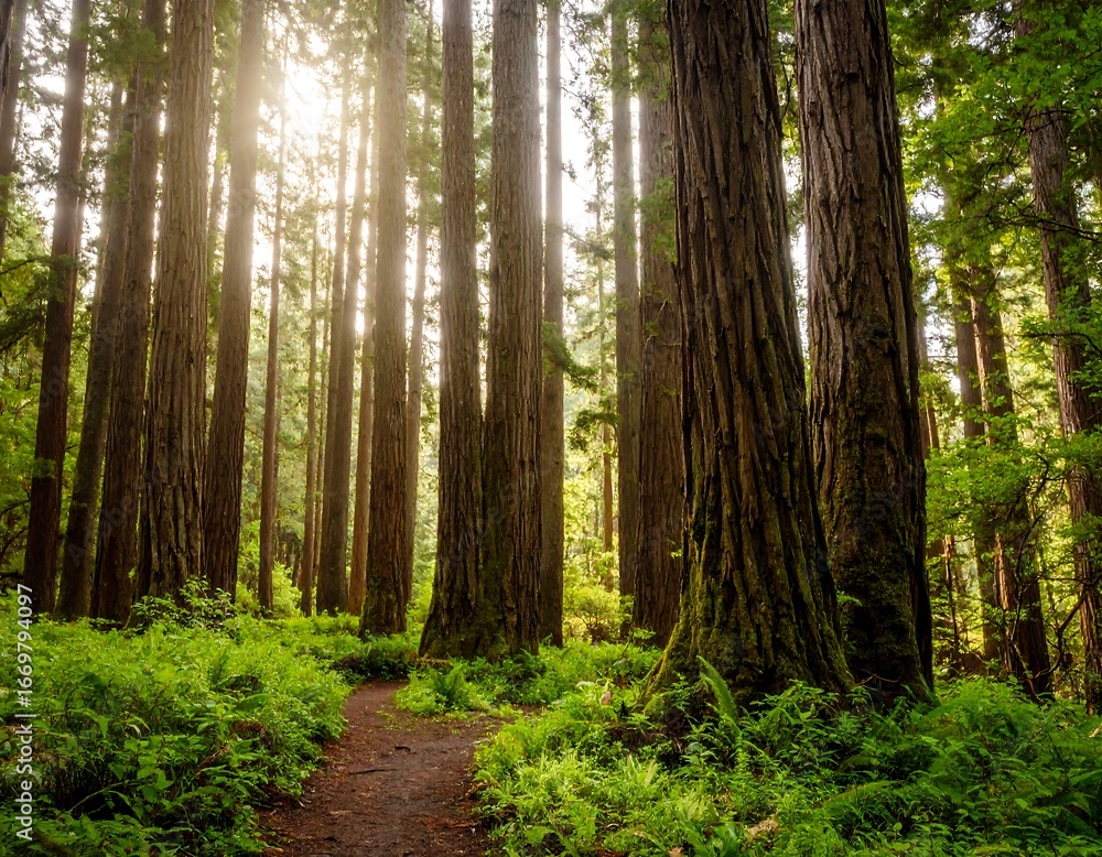 Obraz premium Sunlight streams through giant redwood trees