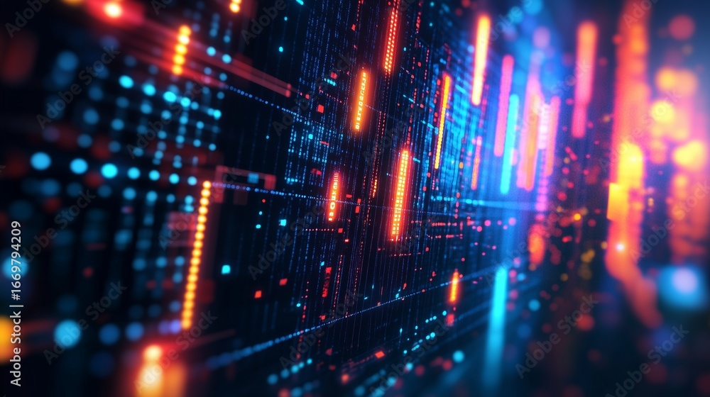 Fototapeta premium Abstract digital background with colorful lights. Abstract technology flows data into business analytics. Ai design a digitally generated neon modern. Colorful lights create an abstract lifestyle.