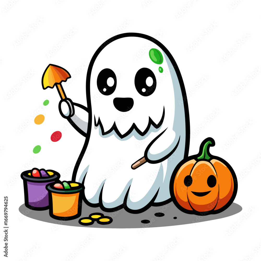 Fototapeta premium Cute Ghost Painting Tiny Colorful Pumpkins, Halloween Art Illustration, Spooky Fun Cartoon Design, Kids Friendly Seasonal Decoration Vector