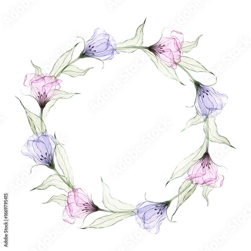 Wallpaper Mural Eustoma flower. Watercolor floral wreath isolated on white. Hand drawn botanical illustration. Violet, pink, lilac lisianthus in pastel colors. Transparent greenery. Spring design for card, decor. Torontodigital.ca