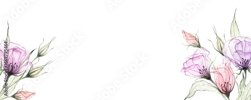 Wallpaper Mural Watercolor translucent flowers banner isolated on white. Violet, pink, lilac airy eustomas, airy greenery. Hand drawn botanical illustration in pastel colors. Floral frame Torontodigital.ca