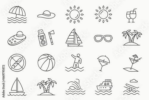 Summer Vacation Icons Beach, Sun, and Travel Line Art EPS Bundle 