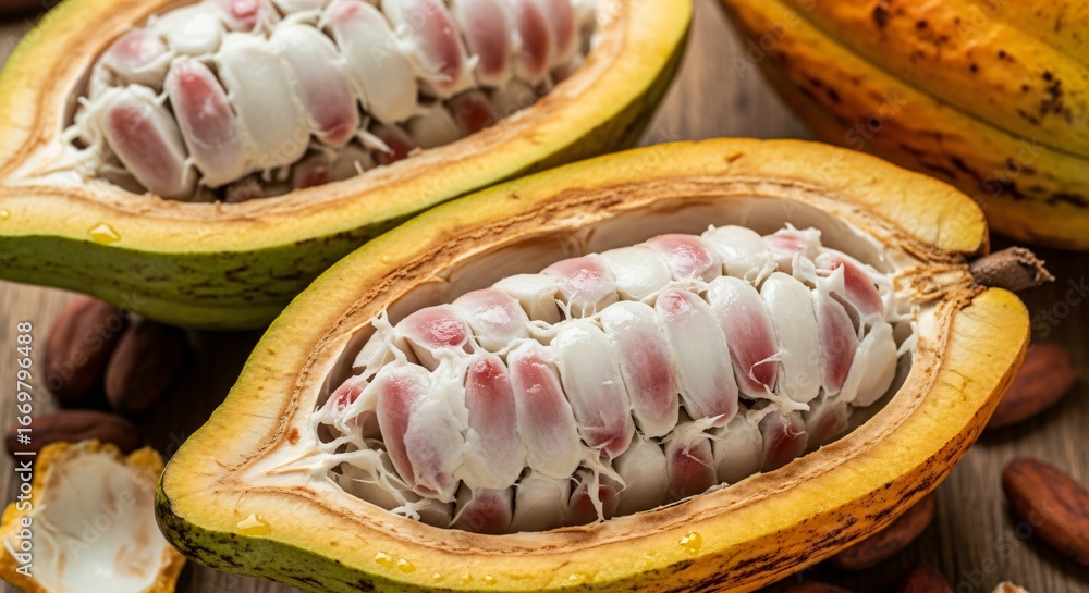 Fototapeta premium Close Up of Freshly Harvested Cocoa Bean Pods Opened to Reveal White Pulp Covered Seeds