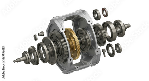 Detailed view of automotive differential mechanism exploded assembly for mechanical engineering transparent background