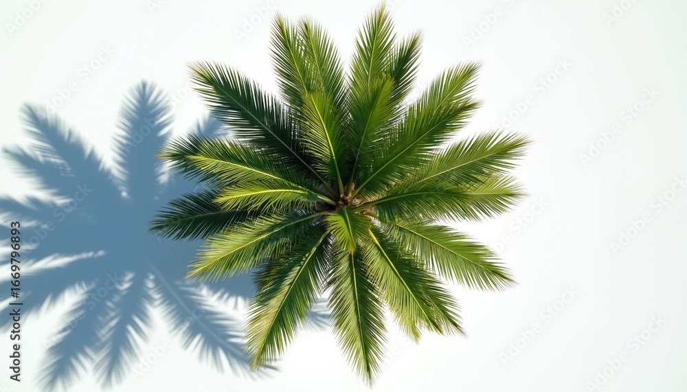 Obraz premium Aerial top-down view of rich green coconut palm tree leaves and its shadow on a clean white background. This isolated tropical plant represents summer vacation, growth, and exotic botanical scenery.