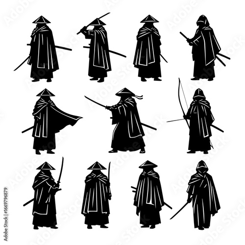 Set Ninja Silhouettes With Swords In Varied Stances For Martial Arts And Action Themes