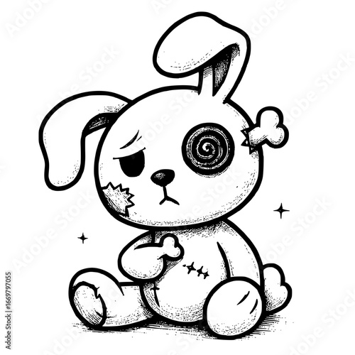 Creepy cute zombie bunny with stitched heart and bone accent, spooky and whimsical