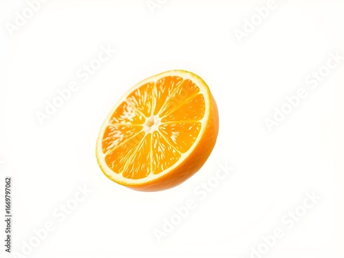 A single, vibrant orange half floating elegantly in mid-air against a clean white background. This image is perfect for healthy food, vitamin, and summer-themed projects.