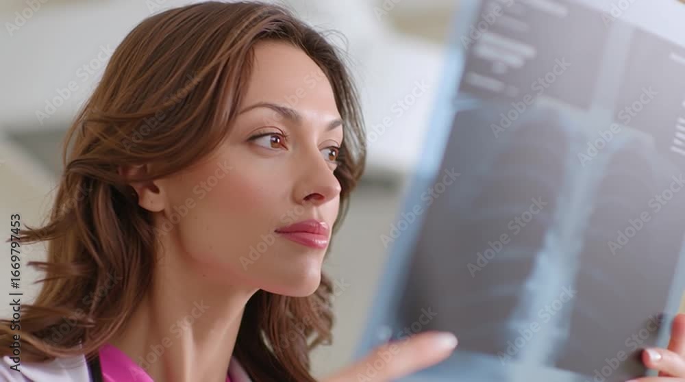 Young woman doctor in medical office examining chest x-ray film with focused expression during healthcare examination and analysis session Young woman doctor in medical office examining chest x-ray film with focused expression during healthcare examination and analysis session