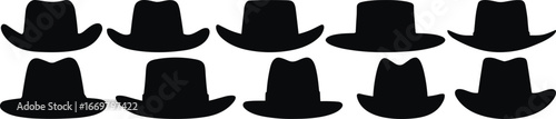 Silhouettes of hats, fashion accessories, headwear styles, black icons, vintage hats, modern caps, brim shapes, crown design, collection, comparison, costume elements, style reference